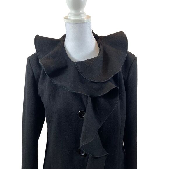 Dale Dressin Brand Black Wool Blend Ruffle Front Jacket Size Medium - Picture 6 of 16